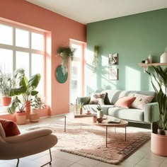 a living room filled with furniture and lots of plants on the windows sills