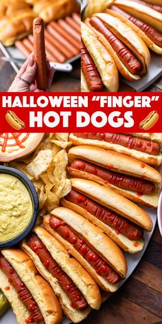 hot dogs with mustard and ketchup are on a platter next to other hotdogs