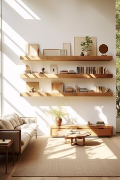 a living room filled with furniture and bookshelves next to a large glass window