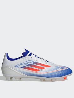 the adidas soccer shoe is white and blue with red accents on the soles