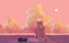 a woman sitting on top of a blanket next to a cat under a pink sky