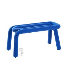 a blue plastic stool with two legs on it's sides and one leg raised up in the air