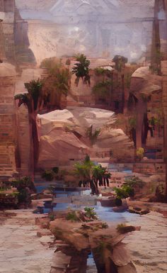 an artistic painting of palm trees and rocks in the desert with mountains in the background