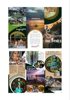 an image of brochures with different pictures and text on them, all in green