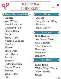 the diaper bag checklist is shown in red, white and blue with text