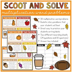 a printable fall themed scoot and solve game for students to practice their math skills