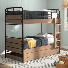 a bunk bed with drawers underneath it in a child's room or playroom