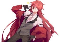 an anime character with long red hair and glasses