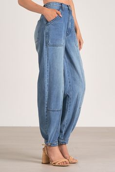 Eden Pant Relaxed Fit Recycled Denim Bottoms With Double-needle Hem, Mid-rise Cotton Cargo Pants In Washed Blue, Mid-rise Rigid Denim Pants With Patch Pockets, Full-length Denim Bottoms With Elastic Waistband, Denim Blue Wide-leg Pants With Elastic Waistband, Denim Cargo Pants, Denim Cargo, Perfect Denim, Baggy Fits