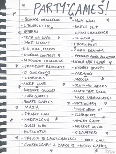 a list of party games written in black ink