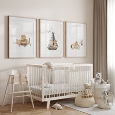 a baby's room with three framed pictures on the wall and two teddy bears