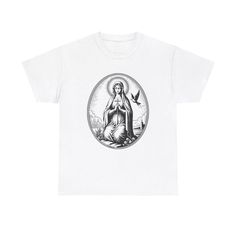 a white t - shirt with an image of the virgin mary on it