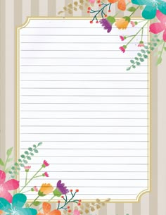 an empty notepad with colorful flowers and leaves on it, next to a striped background