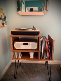 a record player is sitting on top of a shelf