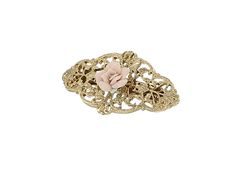 This stunning detailed vintage style filigree hair barrette features a petite pink porcelain flower (rose) with green petal & an easy to use silver French barrette closure. A perfect hair accessory for everyday use. Available In Pink And Ivory Color Measurements: 2.75"L x 1.5"W (Rose 0.67"W x 0.67"L) Made In USA PORCELAIN ROSE COLLECTION Our enchanting Porcelain Rose Collection features charming pieces with a feminine, vintage feel. Gold-tone & silver-tone styles are decorated with roses made of Hair To The Side, Pink Porcelain, Eternal Rose, 1928 Jewelry, Porcelain Roses, Cameo Jewelry, Pink Ivory, French Barrette, Porcelain Flowers