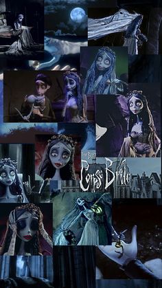 the corpse bride collage is shown in many different pictures, including one woman with long hair