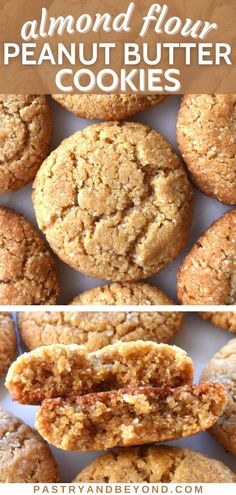 almond floured peanut butter cookies are stacked on top of each other with the title above it