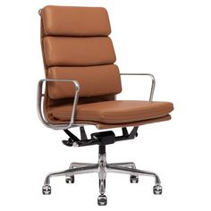 an office chair with leather upholstered seat and chrome frame base, viewed from the front