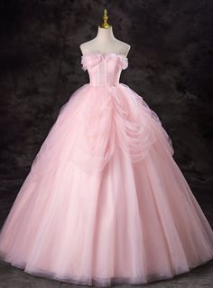 Pink Tulle Strapless Pleats Princess Quinceanera Dress Little Mermaid Dress Pink, Pink Ballgown Dress, Pink Poofy Dress, Pink Dress Fancy, Long Sweet 16 Dresses, Princess Pink Dress, Wedding Dresses Pink, Cinderella Pink Dress, Long Elegant Prom Dresses