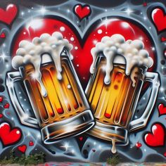 two mugs of beer with hearts painted on the wall