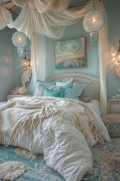 a bedroom with blue walls and white bedding, chandelier and curtains on the ceiling