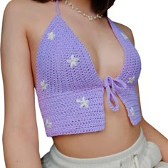 Never Worn A Bit See Through Says Size S But Will Fit M If You Need Measurements Or Any Questions Pls Lmk Tags: Summer Vacation Party Beach Cute Stylish Trendy Festival Concert Outdoor Everyday Purple Fairy Core Crop Top Pattern, Flower Tie, Confection Au Crochet, Crochet Crop Top Pattern, Mode Crochet, Crochet Simple, Crochet Fashion Patterns, Tie Wrap, Crochet Diy