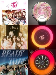 the collage shows four different types of neon lights and music memorabilia, including an alarm clock