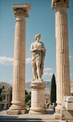 the statue is standing between two large pillars