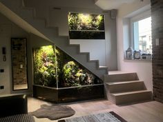 a fish tank in the middle of a living room with stairs leading up to it