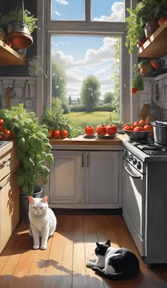 two cats sitting on the floor in front of a kitchen window with potted plants