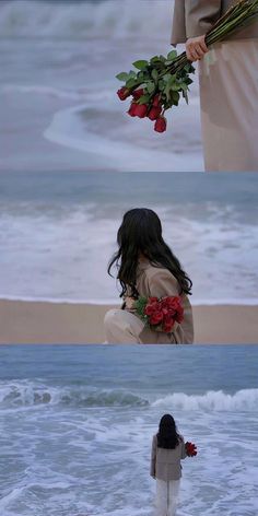 a woman standing on top of a beach next to the ocean with flowers in her hand