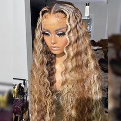 Highlighted Deep Wave Wig With Blonde Highlights -Asteriahair Highlight Brown, Blonde Curly Wig, Frontal Wig Hairstyles, Human Hair Wigs Blonde, Crimped Hair, Lace Frontal Wigs, Blonde Lace Front Wigs, Curly Lace Front Wigs, Front Lace Wigs Human Hair