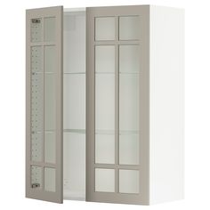 a white cabinet with glass doors and shelves