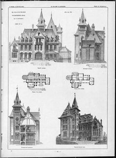 four architectural drawings of different styles and sizes, including the main building with three towers