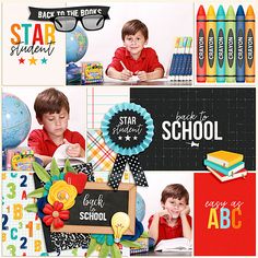 a scrapbook page with school supplies and photos