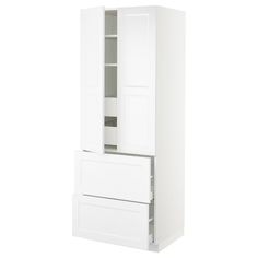 a tall white cabinet with two doors and drawers on the bottom, in front of a white background