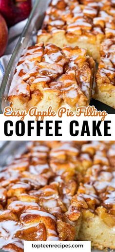 an apple pie filling coffee cake with icing on top