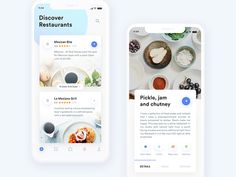 two mobile screens showing different food items