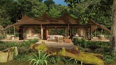 a gazebo in the middle of a forest with tables and chairs