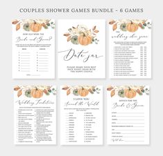 the printable couples shower games bundle is shown with pumpkins and leaves on them