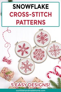 snowflake cross - stitch patterns are featured in this christmas card with text overlay