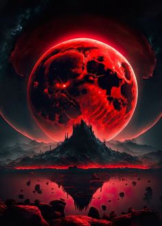 an image of a red moon over a mountain with water and rocks in front of it