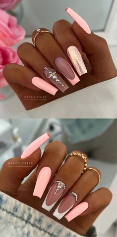 The Best Peach Nails to Try in 2023 Check more at https://mangadexx.com/the-best-peach-nails-to-try-in-2023/ Nail Art Pink French Tip, French Peach Nails, Rhinestone Nails Ideas, Coffin Peach Nails, Peach Gel Nails Design, Nail Designs With French Tip, Peach French Nails, Pink And Peach Nails, Cute Nails With Rhinestones