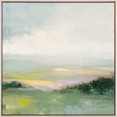 an abstract painting with green, pink and yellow colors in the sky over a field