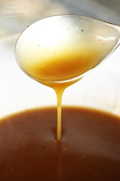 a spoon full of gravy being drizzled with sauce