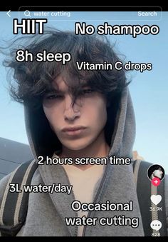 an image of a man with no hair on his face and text that reads, hiit no shampoo 8h sleep vitamin c drops 2 hours screen time 3l water / day occess