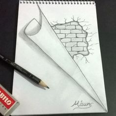 a drawing of a brick wall with a pencil next to it