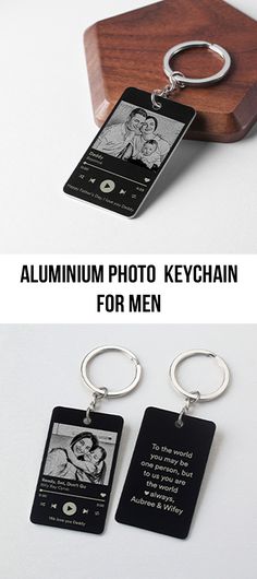 two keychains with the same photo on them, one is for men and the other is for women