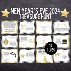 the new year's eve calendar is shown with gold foil stars and black background