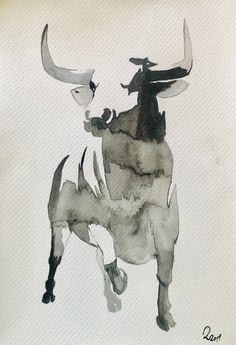 a painting of a bull with horns on it's back is shown in black and white